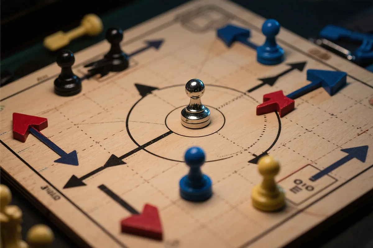 战术板上复杂的箭头和棋子,象征教练之间的深度战术博弈