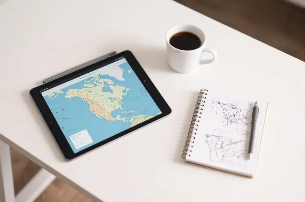 An editorial workspace with a tablet displaying a map of North America, notebook with tactical drawings, cup of coffee, clean overhead shot